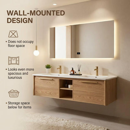 60“-84“Floating Oak Bathroom Vanity with Double Sinks, LED Mirror & Storage