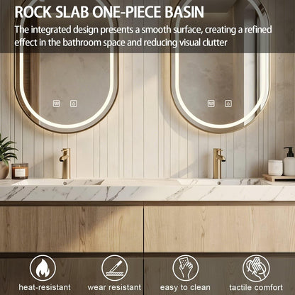 60"-84"Floating Light Wood Bathroom Vanity with Marble Top & Oval LED Mirrors, Double Sinks
