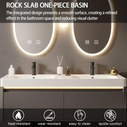 60”-78”Double Sink Floating Bathroom Vanity with LED Oval Mirrors, Dark Gray Cabinet