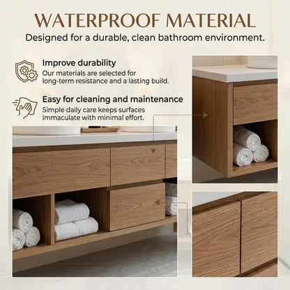 60”-84”Double Sink Bathroom Vanity Set with Round Mirrors,Wood Cabinet & White Stone Top