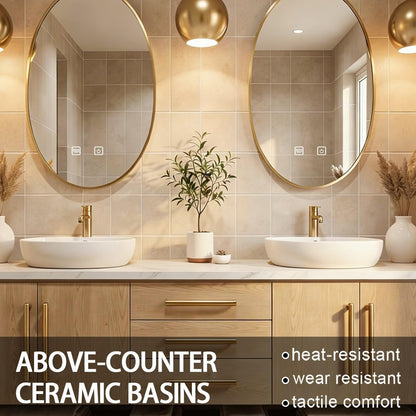 60”-84”Double Sink Floating Bathroom Vanity with Gold Oval Mirrors, Light Wood Cabinet & Gold Hardware