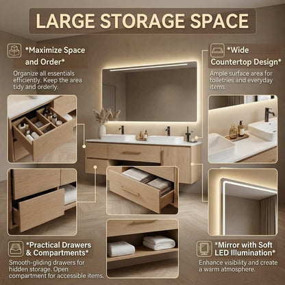 60”-96” Light Wood Floating Bathroom Vanity with Double Sinks & LED Backlit Mirror