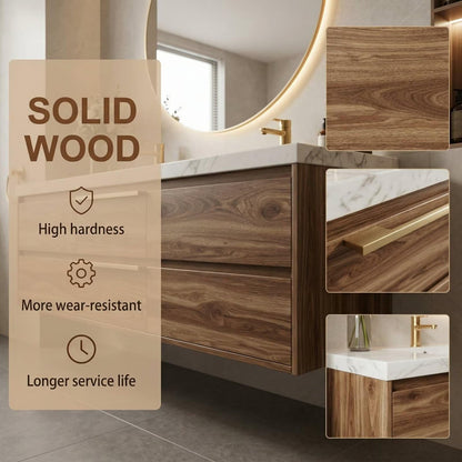 60"-96"Luxury Bathroom Vanity with Dark Walnut Finish & LED Lighted Round Mirror