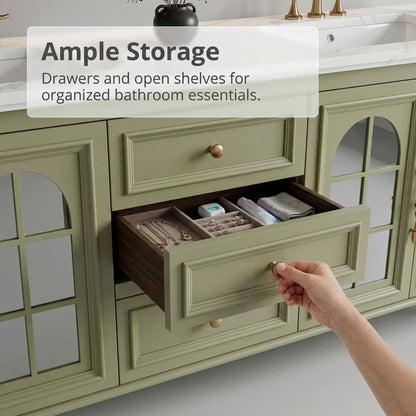 60”-96”Traditional Sage Green Bathroom Vanity with Double Sinks & Glass Door Storage
