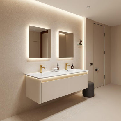 60"-84"Cream Floating Bathroom Vanity with Double Sinks & LED Backlit Mirrors