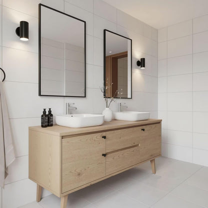 60"-96"Modern Scandinavian Bathroom Vanity with Double Sinks & Oak Cabinet