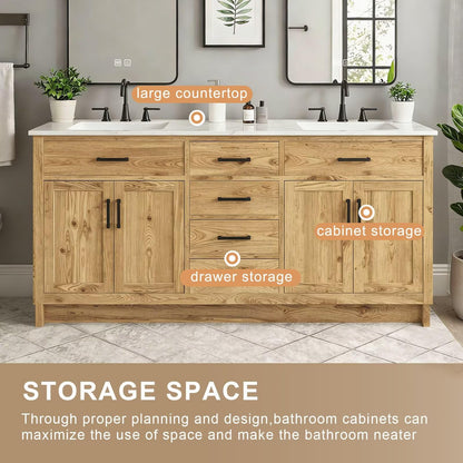 60”-84”Double Sink Bathroom Vanity with LED Mirrors, Freestanding Solid Wood Cabinet with Marble Top, Natural Oak