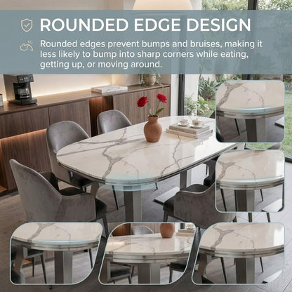 56"-96"Modern Oval White Marble Dining Table, Glossy Top Rectangular Rounded Kitchen Table