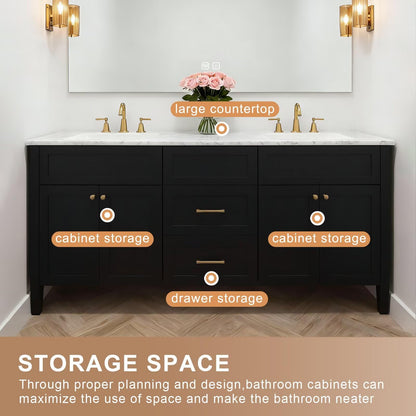 60”-84”Double Sink Freestanding Bathroom Vanity, Black Shaker Cabinet with Gold Hardware