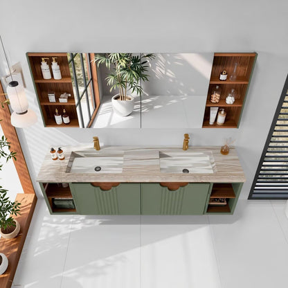 60"-96"Sage Green Floating Bathroom Vanity with Double Sinks & Matching Medicine Cabinet