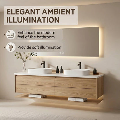 60"-84"Modern Floating Oak Bathroom Vanity with Double Vessel Sinks & LED Smart Mirror