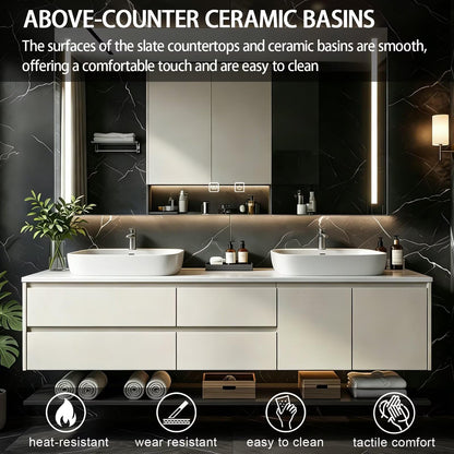 60”-84”Double Sink Floating Bathroom Vanity with LED Mirror Cabinet, Off-White Modern Cabinet