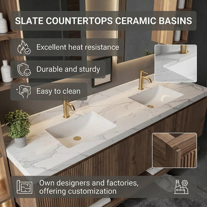 60”-96”Modern Double Sink Vanity with Walnut Fluted Cabinet & Open Towel Shelf