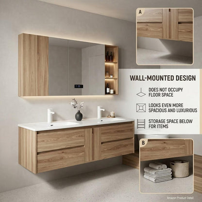 60”-96” Light Wood Floating Bathroom Vanity with Double Sinks & LED Lighted Mirror Cabinet