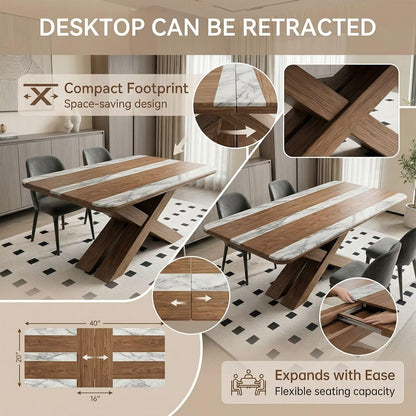 60"-80"Modern Farmhouse Dining Table with Walnut Wood & White Marble Striped Top, 6-Seater