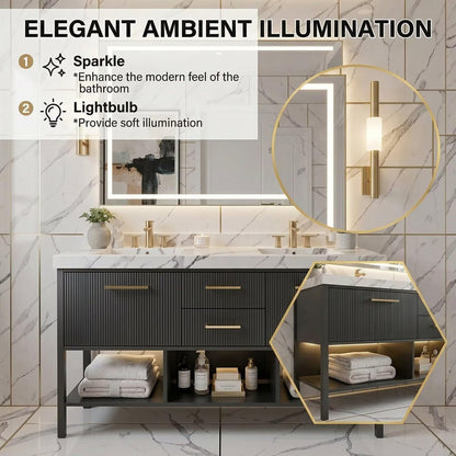 60"-96"Modern Bathroom Vanity with Gold Hardware, Open Shelves & LED Light