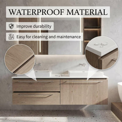 60”-96”Light Oak Floating Double Sink Vanity with LED Lighted Mirror Cabinet