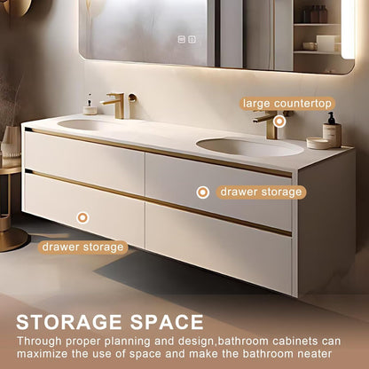 60”-84”Double Sink Floating Bathroom Vanity with LED Backlit Mirror, White Gold Cabinet