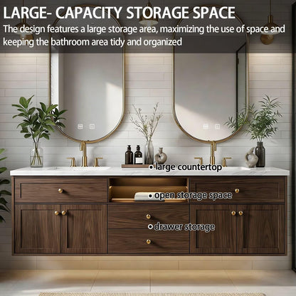 60"-84"Wall Mounted Walnut Bathroom Vanity with Double Sinks & Illuminated Open Shelf