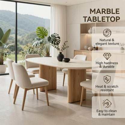 60"-80"Oval Dining Table with Travertine Top & Light Wood Base, Minimalist Kitchen Table
