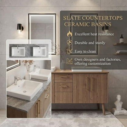 60”-96” Double Sink Freestanding Vanity with LED Mirrors, Natural Wood Cabinet & Gold Hardware
