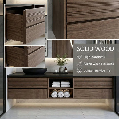 60"-84"Modern Floating Bathroom Vanity with Double Sinks & LED Mirror Cabinet