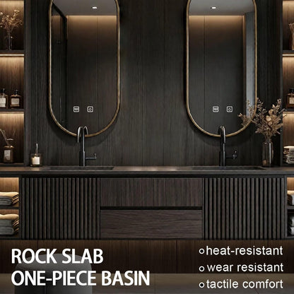 60"-84"Floating Dark Wood Bathroom Vanity with Double Sinks & LED Oval Mirrors