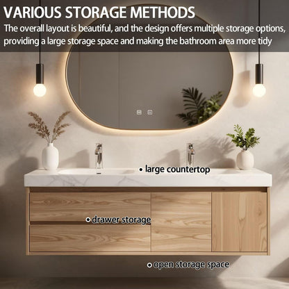 60”-84”Double Sink Floating Bathroom Vanity with Round LED Mirror, Light Oak Wood Cabinet