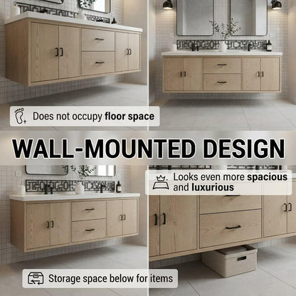 60"-84"Floating Oak Bathroom Vanity with Double Sinks & LED Mirrors