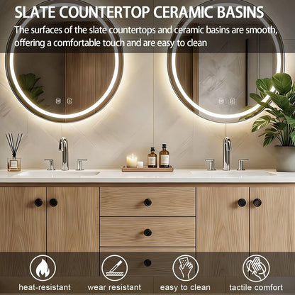 60"-84"Modern Light Oak Floating Bathroom Vanity Set with Black Hardware
