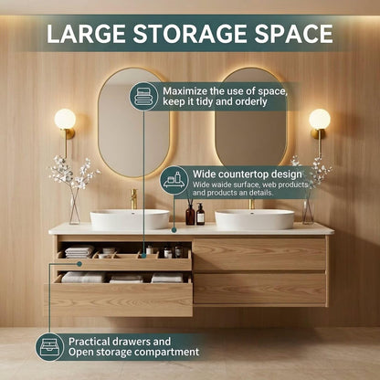 60"-84"Light Oak Floating Bathroom Vanity Set with Gold Mirrors & Handles