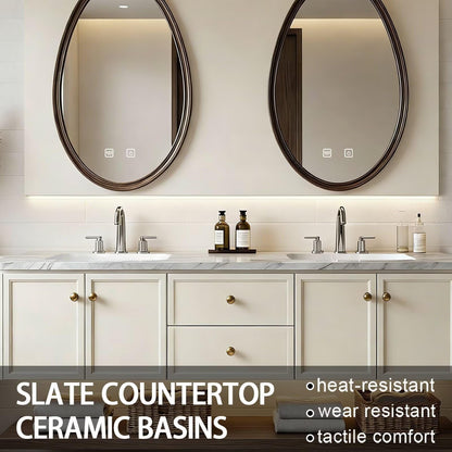 60”-84” Double Sink Floating Vanity with Oval LED Mirrors, Cream Cabinet & Marble Top