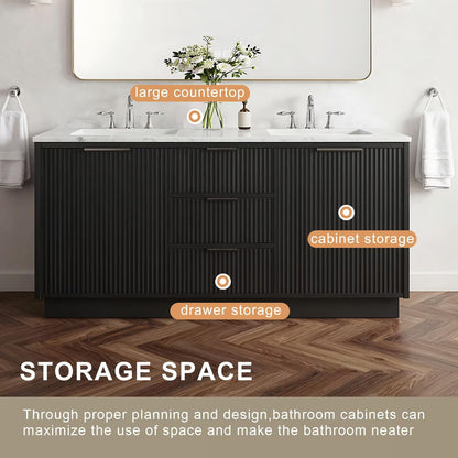 60”-84” Double Sink Bathroom Vanity with LED Mirror, Freestanding Fluted Cabinet with Marble Top, Black