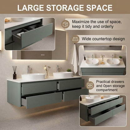 60”-84”Modern Double Sink Bathroom Vanity with LED Mirror, Green Floating Cabinet