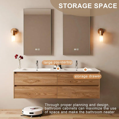 60”-84”Double Sink Floating Bathroom Vanity with 2 LED Mirrors, Light Oak Wall Mounted Vanity with White Top