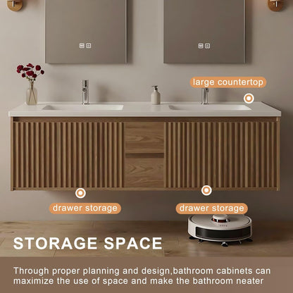 60”-84”Double Sink Floating Bathroom Vanity, Fluted Oak Cabinet with LED Backlit Mirrors