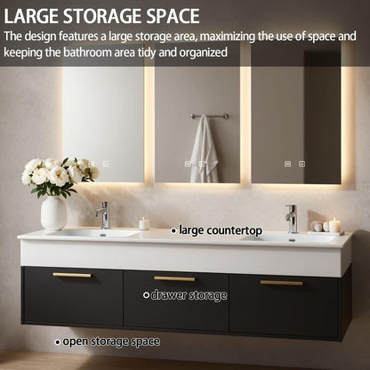 60”-84”Double Floating Vanity, Black Wood Cabinet with White Stone Counter & Gold Handles