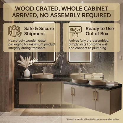 60"-96"Modern Bathroom Vanity with Black Marble Top & Gold Hardware