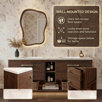 60”-96” Dark Wood Bathroom Vanity with Double Sinks & Irregular LED Mirrors