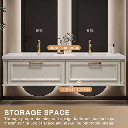 60”-84”Floating Double Sink Bathroom Vanity with LED Arch Mirrors, Wall Mounted Cream White Vanity with Gold Handles, Modern Bathroom Cabinet
