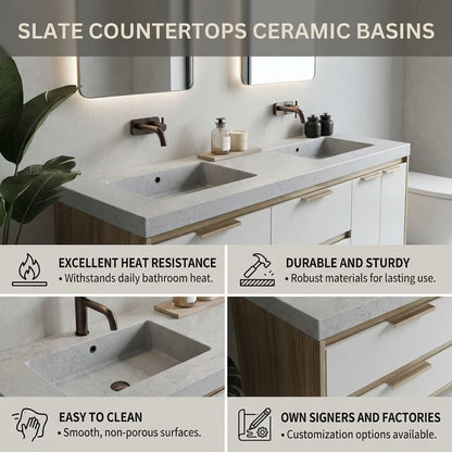 60"-96"Modern Wall-Mounted Bathroom Vanity with Stone Top & Light Wood Trim