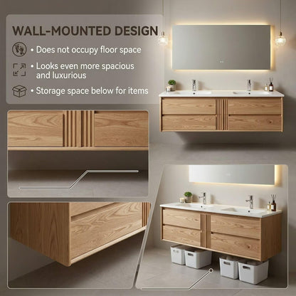 60"-96"Modern Oak Floating Bathroom Vanity with Double Sinks & LED Backlit Mirror