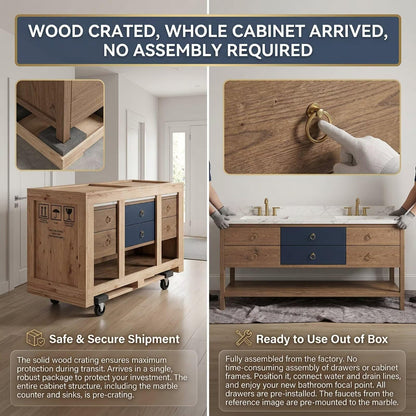 60"-96"Freestanding Bathroom Vanity with Open Shelf & Round Gold Hardware