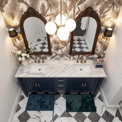 60”-96”Navy Blue Double Sink Bathroom Vanity with Marble Top & Arched Mirrors