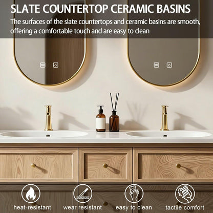 60"-84"Modern Light Oak Bathroom Vanity Set with Gold Hardware & White Top