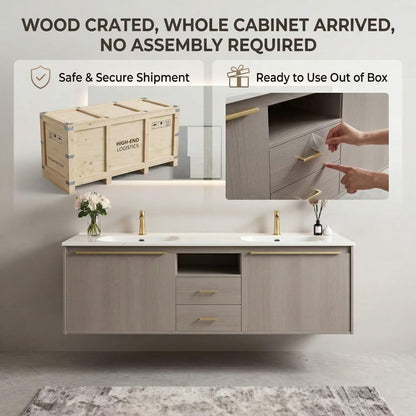 60"-96"Light Gray Oak Floating Bathroom Vanity with Double Sinks & LED Backlit Mirror