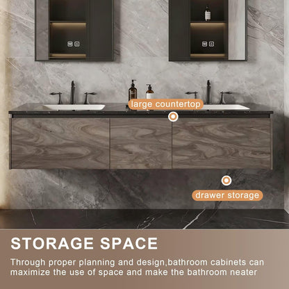 60”-84”Double Sink Floating Bathroom Vanity, Dark Wood Cabinet with LED Lighted Mirror Cabinets
