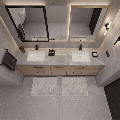 60”-96”Natural Wood Bathroom Vanity with Double Sinks & 6 Drawer Storage