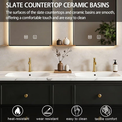 60”-84”Double Sink Freestanding Vanity with LED Arched Mirrors, Black Cabinet & Gold Hardware