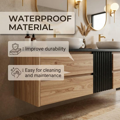 60”-84”Double Sink Floating Vanity with Gold Oval Mirrors,Black Stone Top